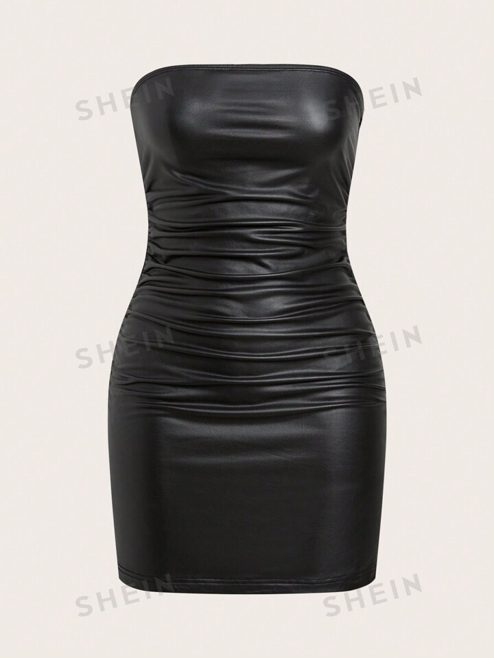 SHEIN ICON Women's PU Leather Slim Solid Color Tube Top Dress | SHEIN