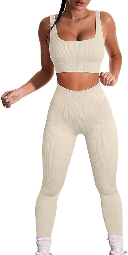 GXIN Women Workout 2 Piece Outfit Removable Pad Bra Set High Waist Sport Leggings | Amazon (US)