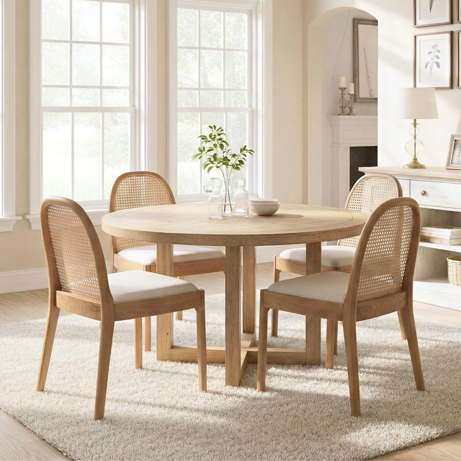 Mid Century Dining Chairs Set of 4, Accent Rattan Linen Fabric Side Chairs Kitchen Chair with Sol... | Amazon (US)