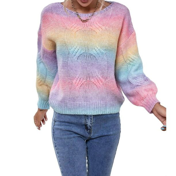 Casual Ombre Round Neck Pullovers Long Sleeve Multicolor Women Sweaters (Women's) - Walmart.com | Walmart (US)