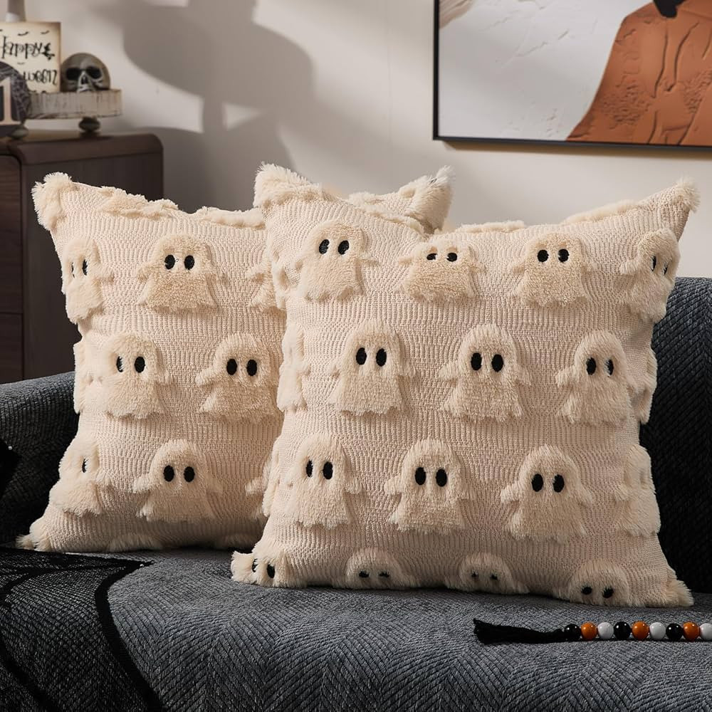 DFXSZ Halloween Pillow Covers 18x18 inch Set of 2 Beige Ghost Throw Pillow Cases Soft Plush Faux ... | Amazon (US)