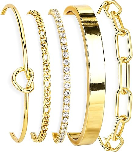 Gokeey Gold Bracelets Set for Women Non Tarnish, Waterproof 14K Gold Plated Sterling Silver Chunk... | Amazon (US)