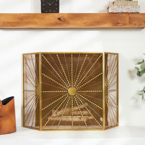 The Novogratz Gold Metal Foldable 3 Panel Starburst Fireplace Screen with Bead Inspired Rays | Bed Bath & Beyond