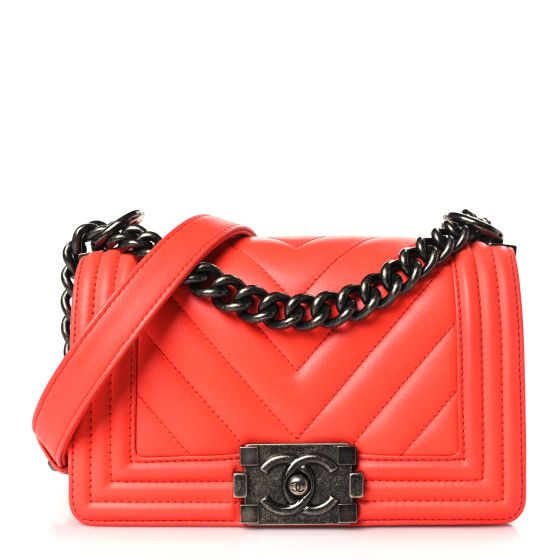 Calfskin Chevron Quilted Small Boy Flap Coral | FASHIONPHILE (US)