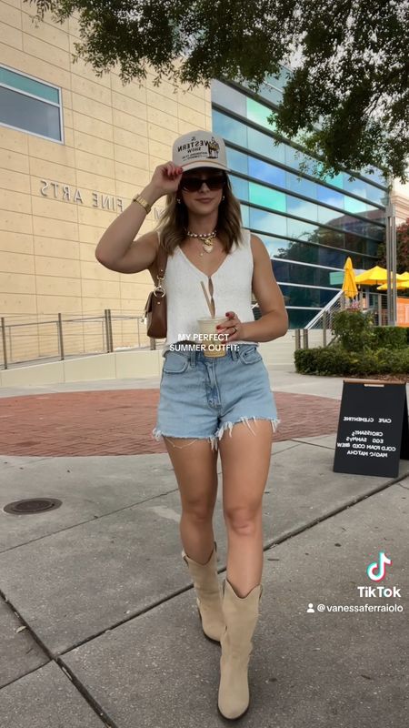 5/9/24 Denim shorts outfit 🫶🏼 Summer outfits, summer outfit ideas, summer fashion, summer fashion trends, denim shorts, abercrombie sale, abercrombie jean shorts, abercrombie shorts, abercrombie denim shorts, sweater vest top, vest top, cowgirl boots, cowgirl boots outfit, trucker hat, trucker hat outfit

