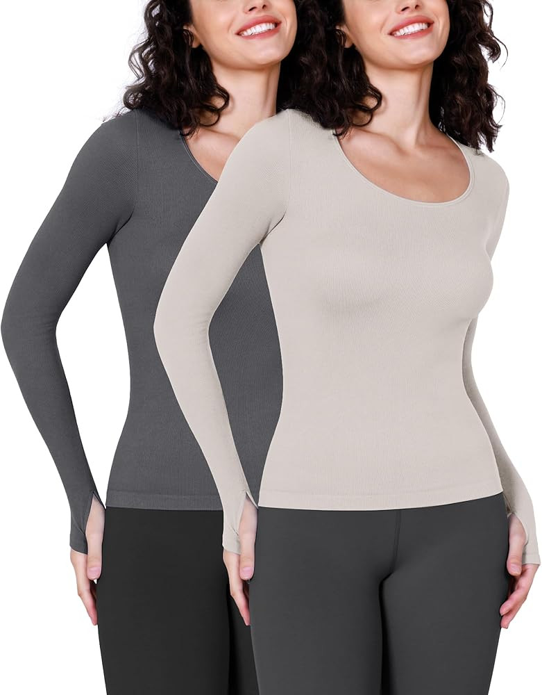 ODODOS 2-Pack Seamless Long Sleeve Shirts with Thumb Hole for Women Ribbed Yoga Tee Workout Tops | Amazon (US)