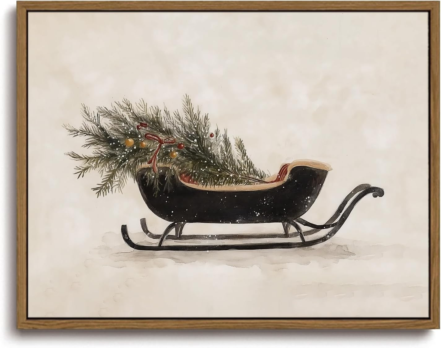 Vintage Christmas Sleigh Framed Wall Art Neutral Winter Canvas Art | Amazon (US)