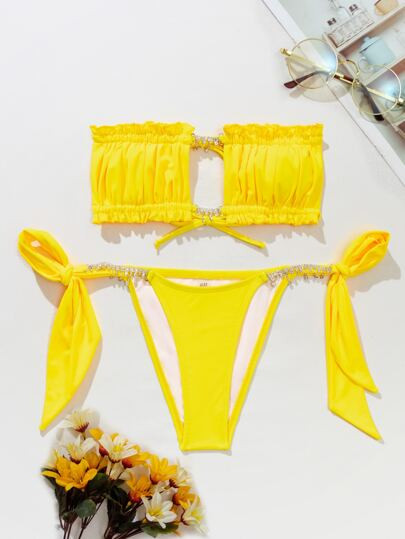 Frill Bandeau Tie Side Thong Bikini Swimsuit | SHEIN