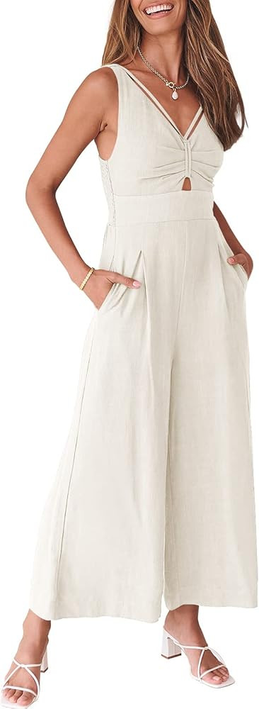 Caracilia Women's 2023 Summer Wide Leg Jumpsuits Adjustable Straps V Neck Cutout Linen Rompers with  | Amazon (US)