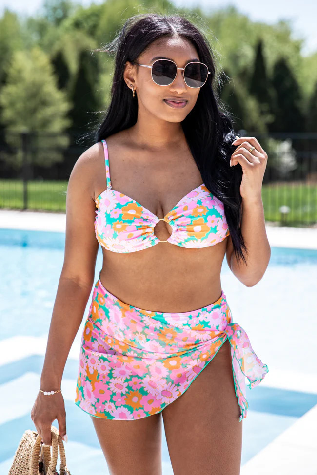 Diamond Girl Green Retro Floral Ring Link Bikini Top | Pink Lily