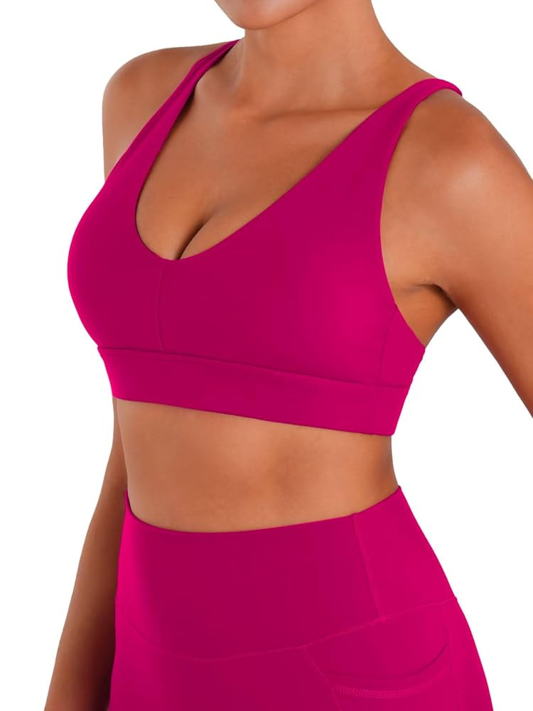 Sunzel V Neck Strappy Sports Bras for Women Criss Cross Back Halter Yoga Bra Removable Cups Padde... | Amazon (US)
