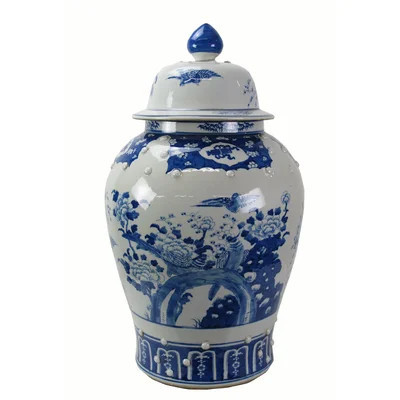 Large 27 Inch Tall Blue And White Porcelain Ginger Jar With Flowers And Flying Birds | Wayfair North America
