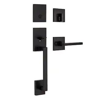 Kwikset San Clemente Matte Black Single Cylinder Low Profile Door Handleset with Halifax Handle F... | The Home Depot