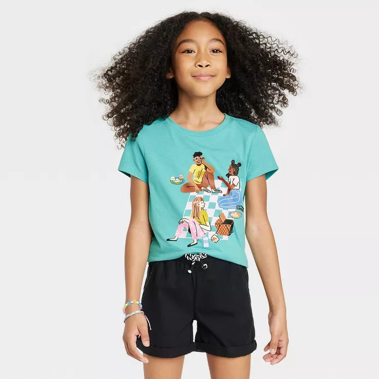 Girls' Picnic Short Sleeve Graphic T-Shirt - Cat & Jack™ Turquoise Blue | Target