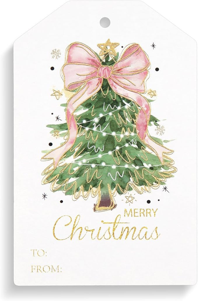 Teling 50 Pcs Christmas Gift Tags with String Pink Bow Merry Christmas Paper Gift Tags Xmas Hangi... | Amazon (US)
