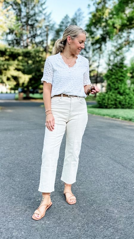 I LOVED this outfit. It was so perfect for the season and comfy! My pants are available in all sizes, 3 lengths and are only $41.99 right now!! I am in PETITE and I sized down 1, to a 28! The 29 was huge! They stay beautiful all day, don’t look stretched out and are soft. 
The blouse is a small so if in between, size down. True size 8 sandals and I’m obsessed  

#LTKSaleAlert #LTKFindsUnder50 #LTKMidsize