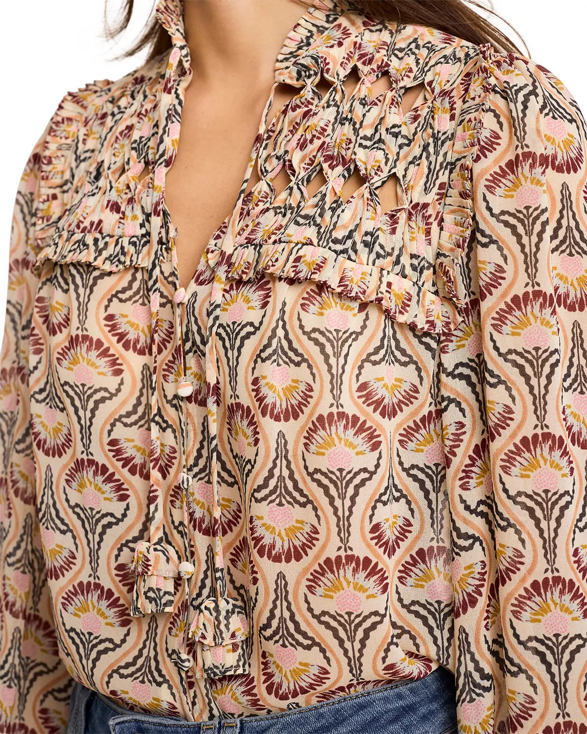 MINT VELVET Floral Print Ruffle Blouse in Brown at Nordstrom, Size X-Large | Nordstrom