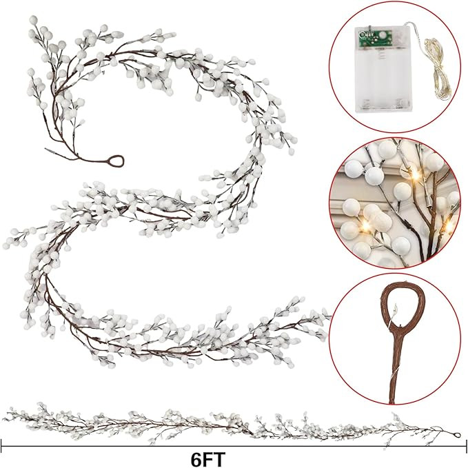 Christmas White Berry Garland with Lights 6 FT Artificial White Berry Garland Battery Operated 40... | Amazon (US)