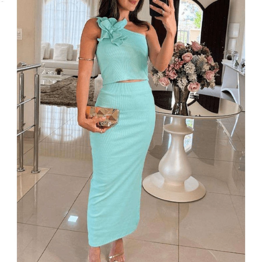 HAZELINERT Two Piece Set Women Outfit 2025 Summer Fashion Flower Decor One Shoulder Crop Top & Casual High Waist Slim Fit Long Skirt Set | SHEIN