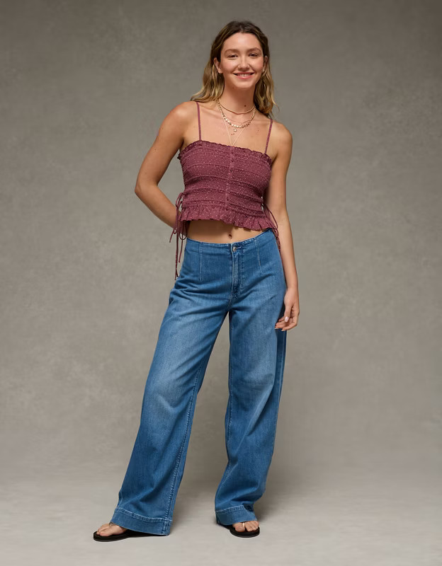 AE Smocked Tie Side Button-Up Tank Top | American Eagle Outfitters (US & CA)