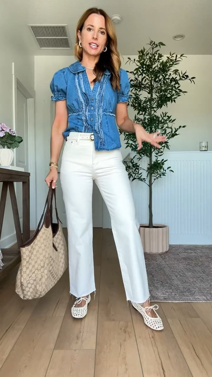 Madewell wide leg crop jeans in 24 regular (comes in petite too but I wanted full length). Love the cream color! Anthropologie denim shirt in XXS regular (could have done petite length in this). Woven ballet flats are TTS. Gucci Mercato tote size large. My spring outfit of the day. Elevated casual outfit. 


#LTKootd #LTKgrwm #LTKSwim