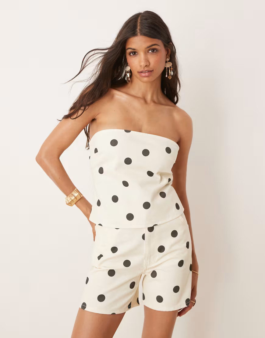 ASOS DESIGN bandeau denim top in ecru polka dot-White | ASOS (Global)