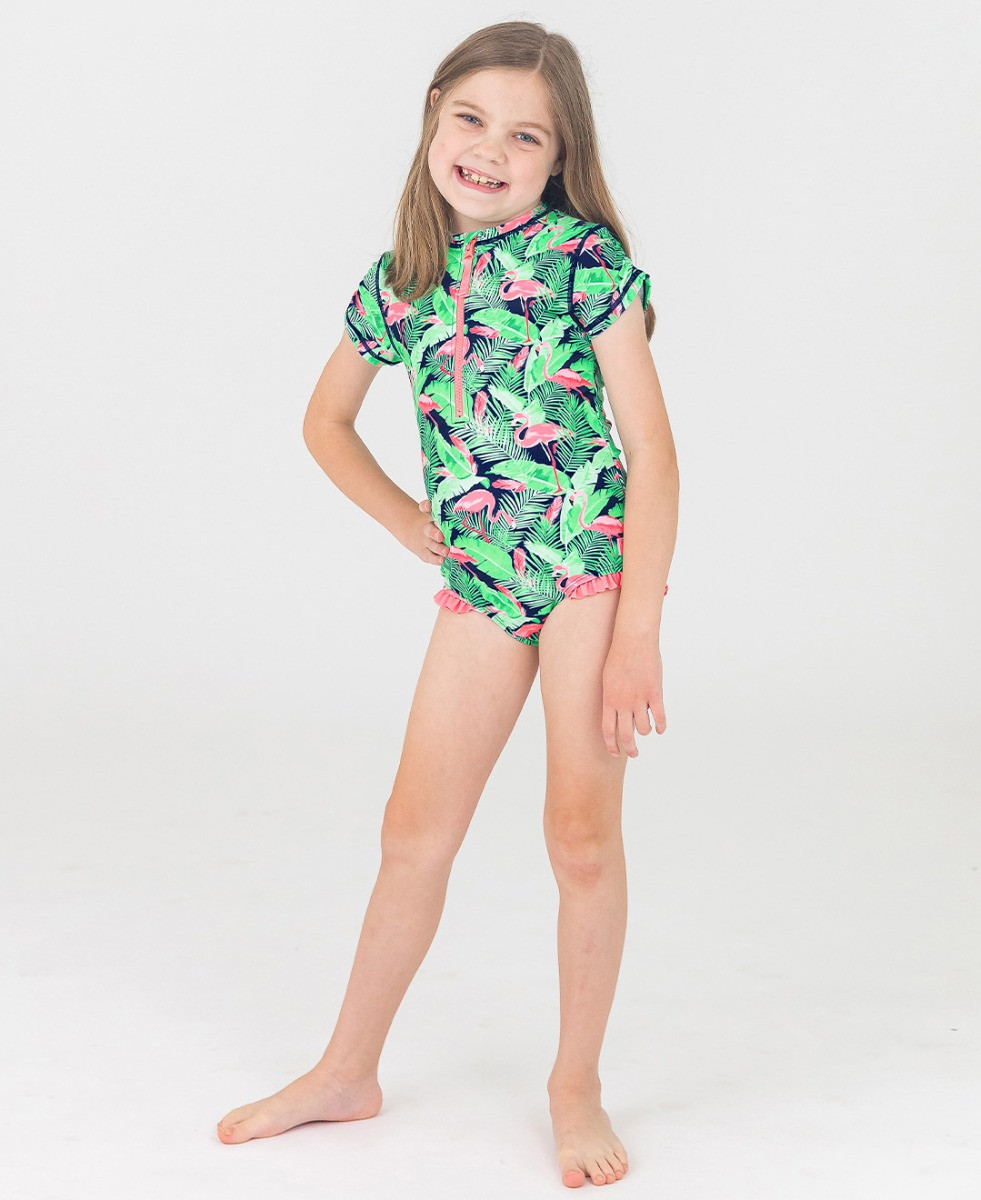 Girls Short Sleeve Rash Guard One Piece | RuffleButts / RuggedButts