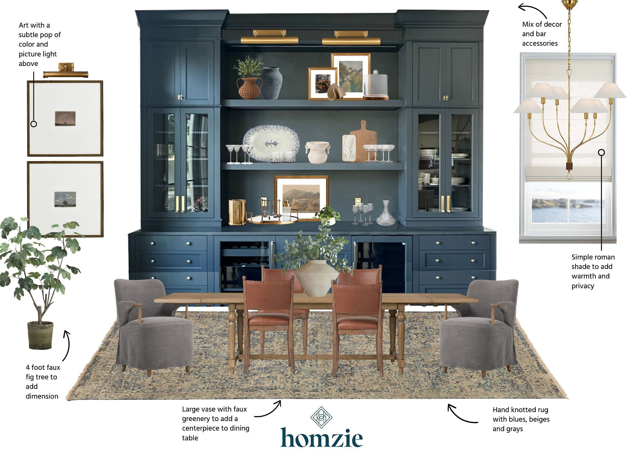 This is a dining room with a moody, transitional style and rich tones. It features: Navy Built-In, Leather Chairs, Hand-Knotted Rug, Brass Chandelier, Faux Fig Tree, Roman Shade. 

 #LTKHome #LTKSaleAlert #LTKStyleTip