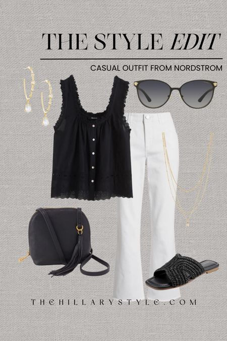 The Style Edit: Casual Outfit from Nordstrom. Spring and summer casual outfit. White denim, white jeans, black top, embroidered ruffle trim top, raffia sandals, black sandals, black and gold sunglasses, gold necklace set, gold earrings, black crossbody bag. Madewell, Wit & Wisdom, Versace, HOBO, BP., Marc Fisher, Ettika.

#LTKStyleTip #LTKSeasonal #LTKOver40