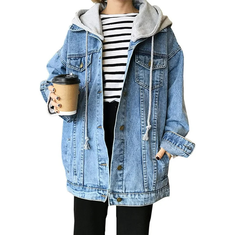 Borke Women's Oversized Loose Boyfriend Denim Jacket Hooded Jean Jacket | Walmart (US)