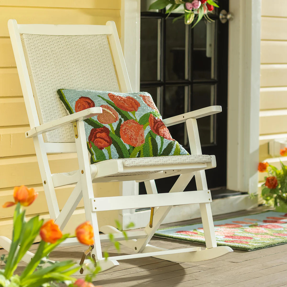 Indoor/Outdoor Pink Tulips Hooked Polypropylene Throw Pillow | Plow & Hearth