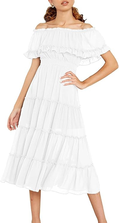 ETCYY Women's Off The Shoulder Ruffles Summer Loose Casual Chiffon Long Party Beach Maxi Dress ... | Amazon (US)