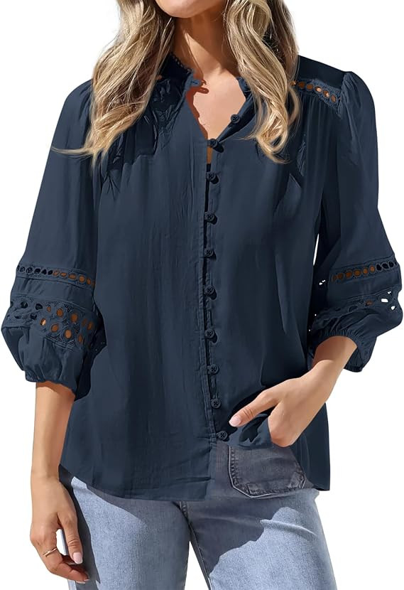 BTFBM Summer Tops for Women 2026 Eyelet Top 3/4 Length Sleeve Dressy Casual Blouses Spring Boho B... | Amazon (US)