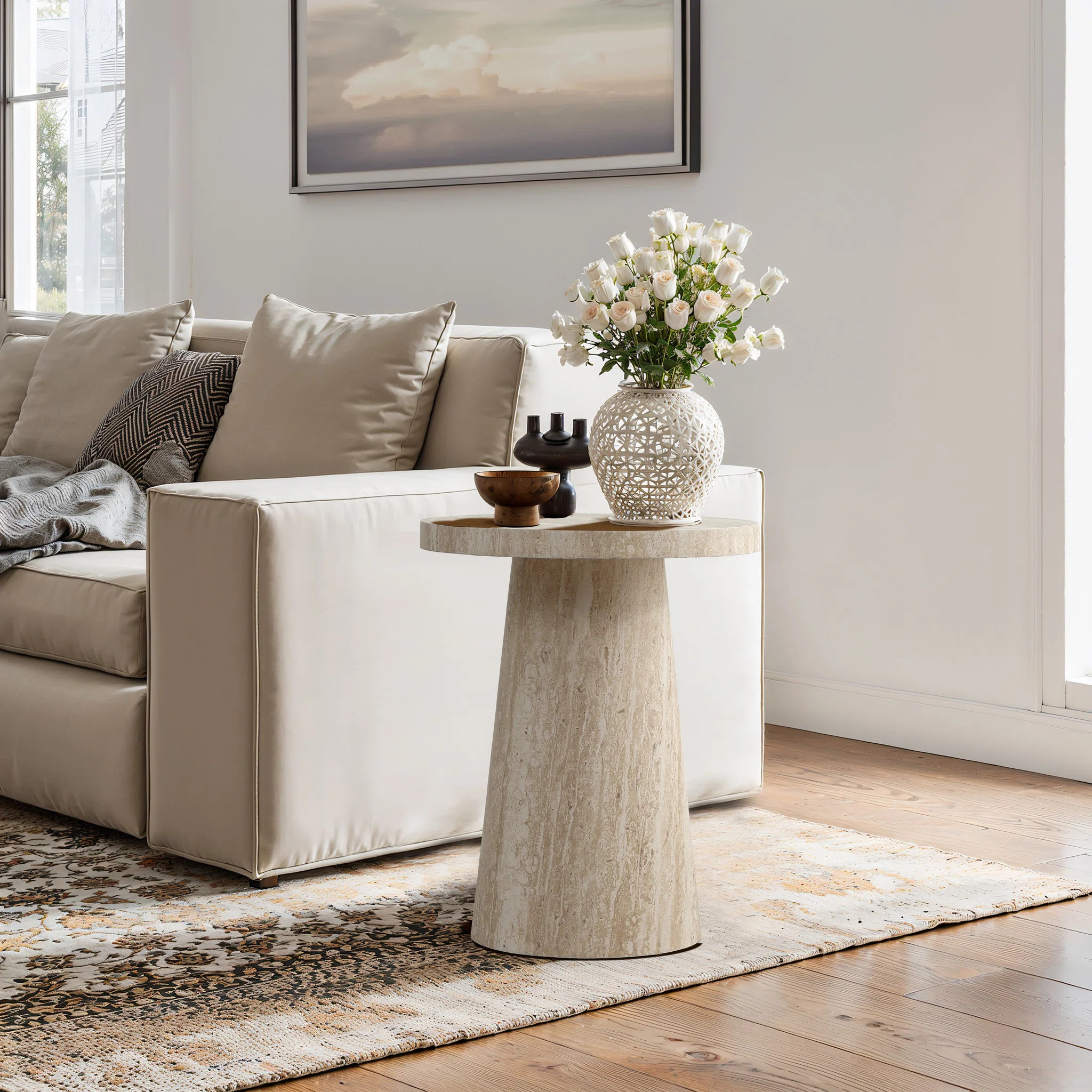 Stone Pattern Manufactured Wood 19.7-Inch Tall Round End and Side Table | Wayfair North America