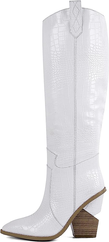 SOPHITINA Western White Knee High Boots for Women Round Almond Toe Stacked Chunky high Heeled Thigh  | Amazon (US)