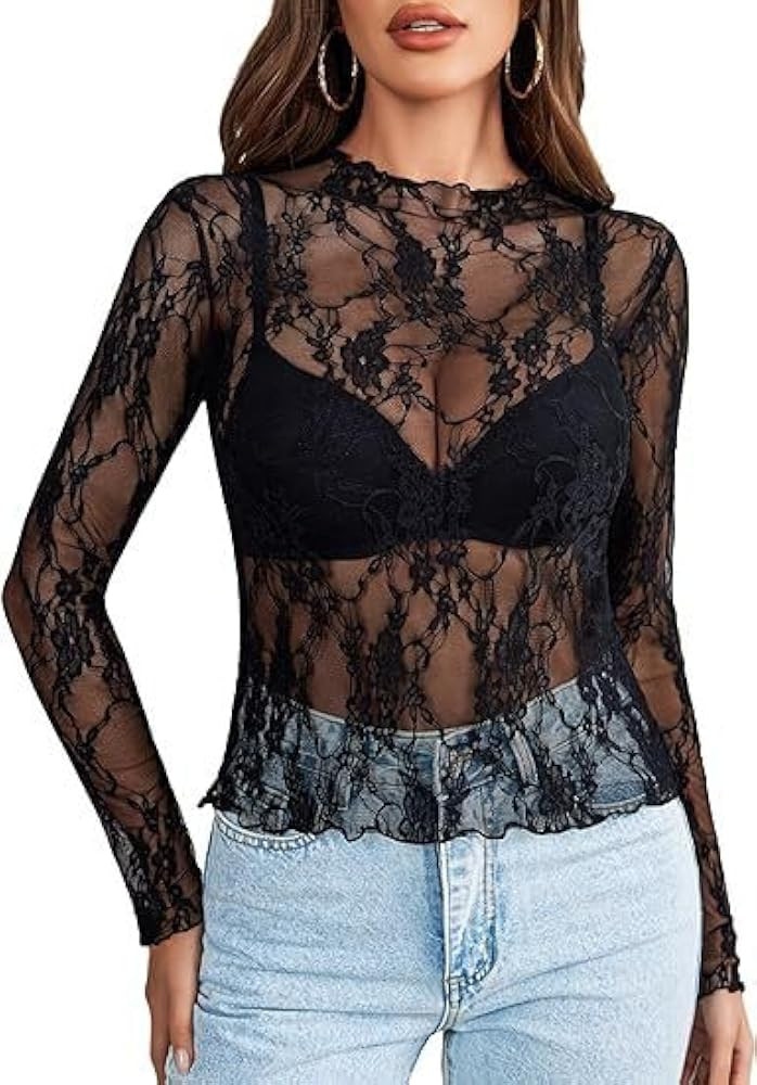 Lace Long Sleeve Tops for Women Mesh Mock Neck Lace Undershirt Sheer Blouse See Through Shirts | Amazon (US)