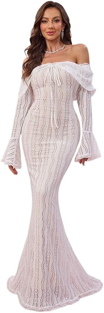 Women's lace Off the Shoulder Evening Dress 2024 Black Mermaid Cocktail Wedding Party Maxi Dress | Amazon (US)