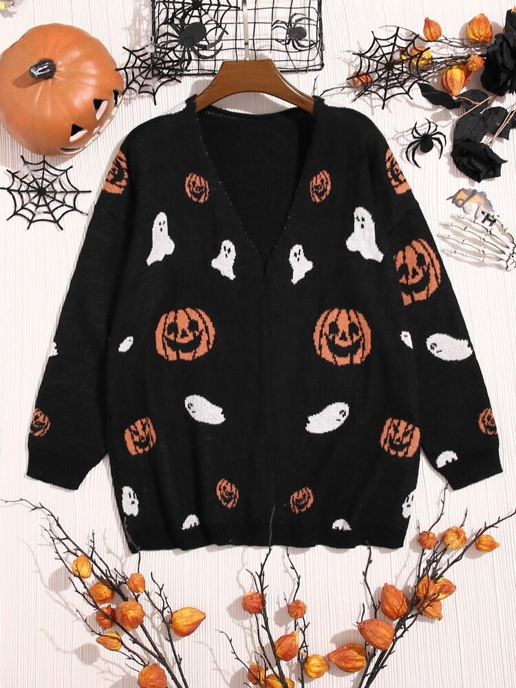 SHEIN Plus Halloween Pattern Drop Shoulder Cardigan | SHEIN