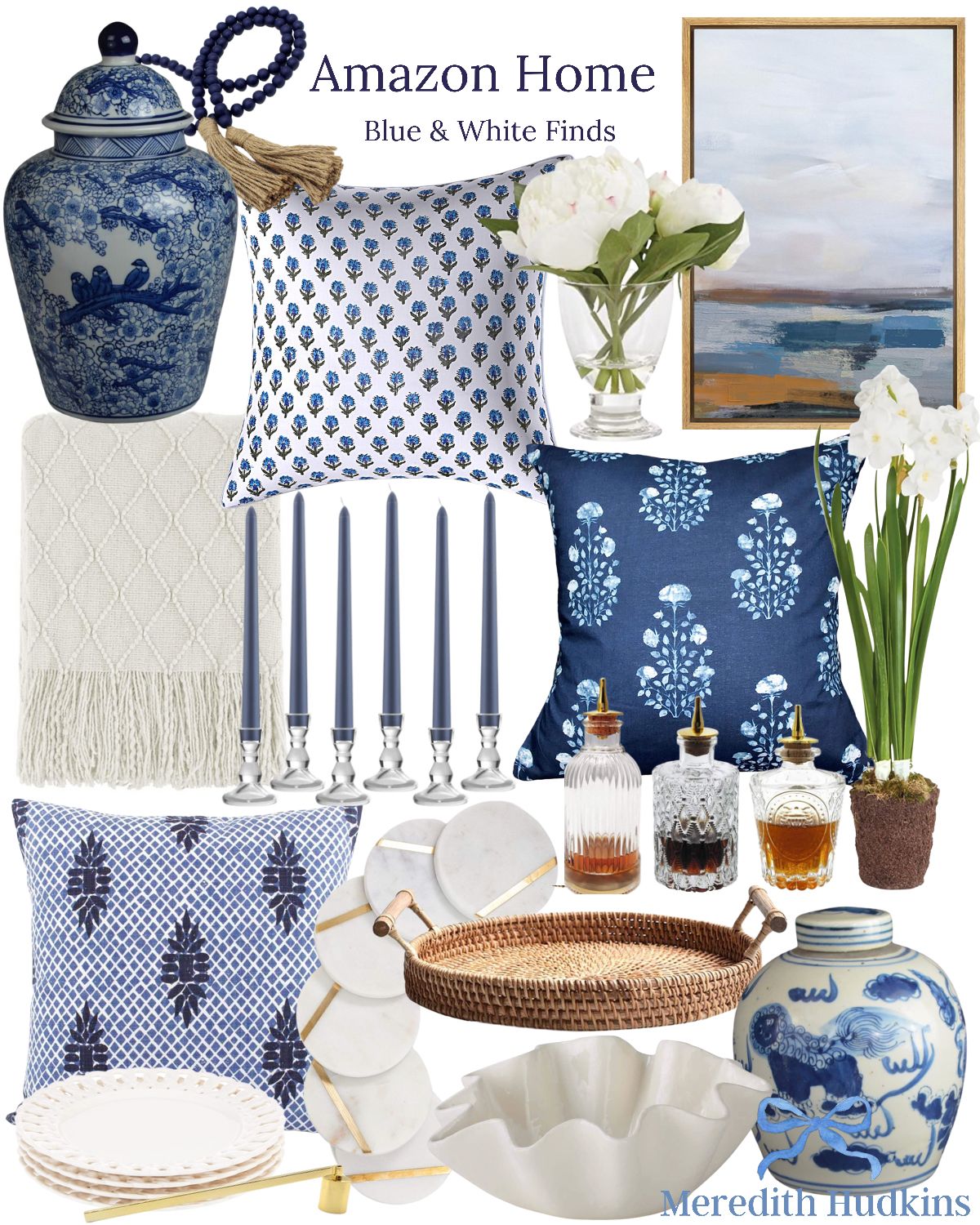 Home interiors design can block print preppy classic traditional blue and white Coastal rattan ginge | Amazon (US)