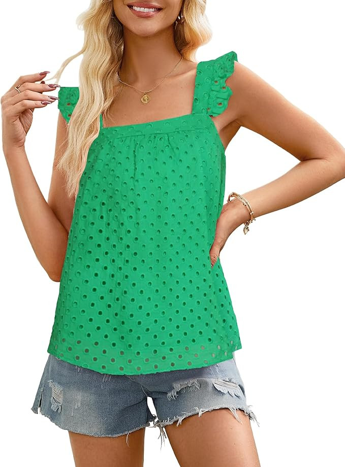 Womens Summer Eyelet Tank Tops Square Neck Ruffle Strap Hollow Out Lace Embroidered Boho Blouses | Amazon (US)