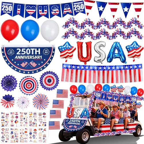 USA 250th Anniversary Golf Cart Decorations Kit, Patriotic Parade Car Decor with Red White Blue Tinsel Garlands, Fan Flags, Balloons and Banners for America 250 Party Supplies 4th of July Decorations | Amazon (US)