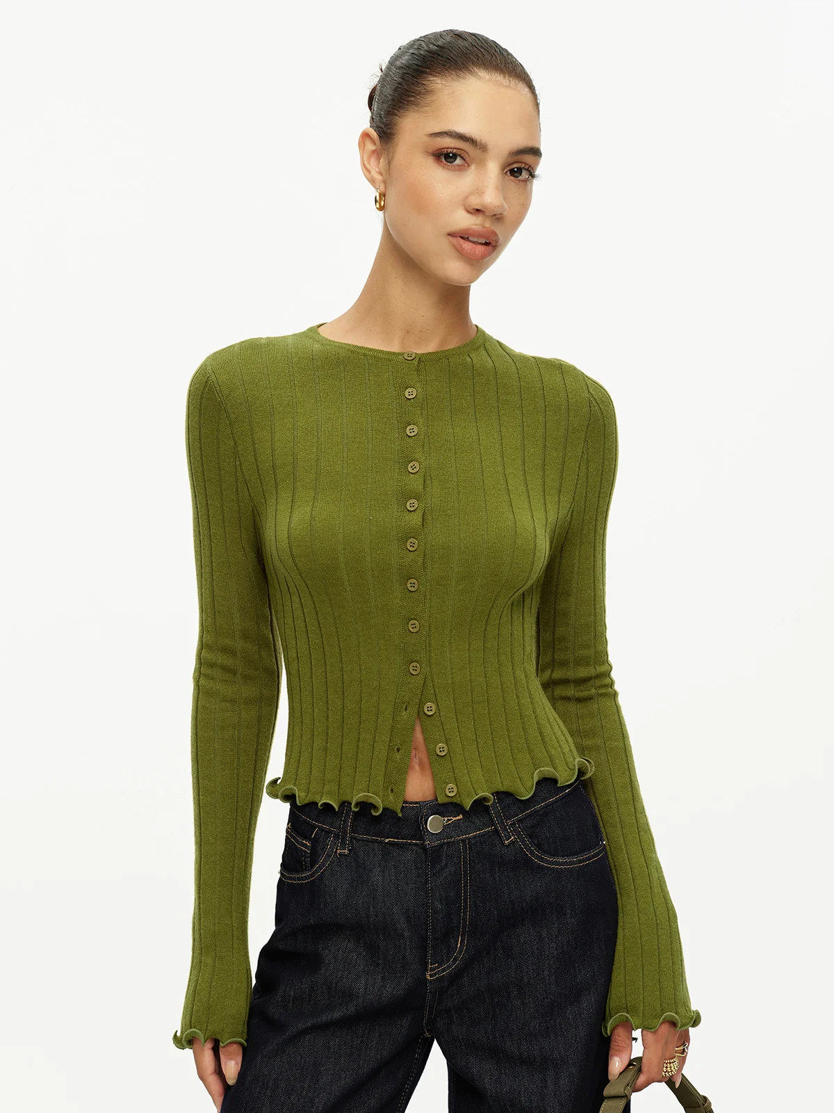 Ruffle Hem Wool Blend Ribbed Knit Cardigan | Commense