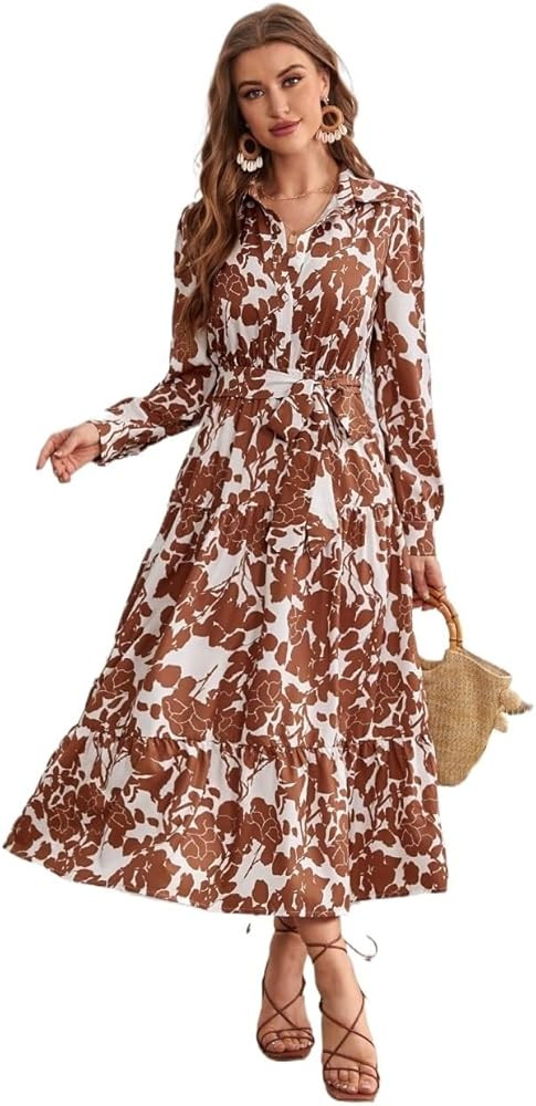 Women's 2024 Summer Boho Long Maxi Dress Floral Print Ruffle Hem Belted Shirt Dress | Amazon (US)