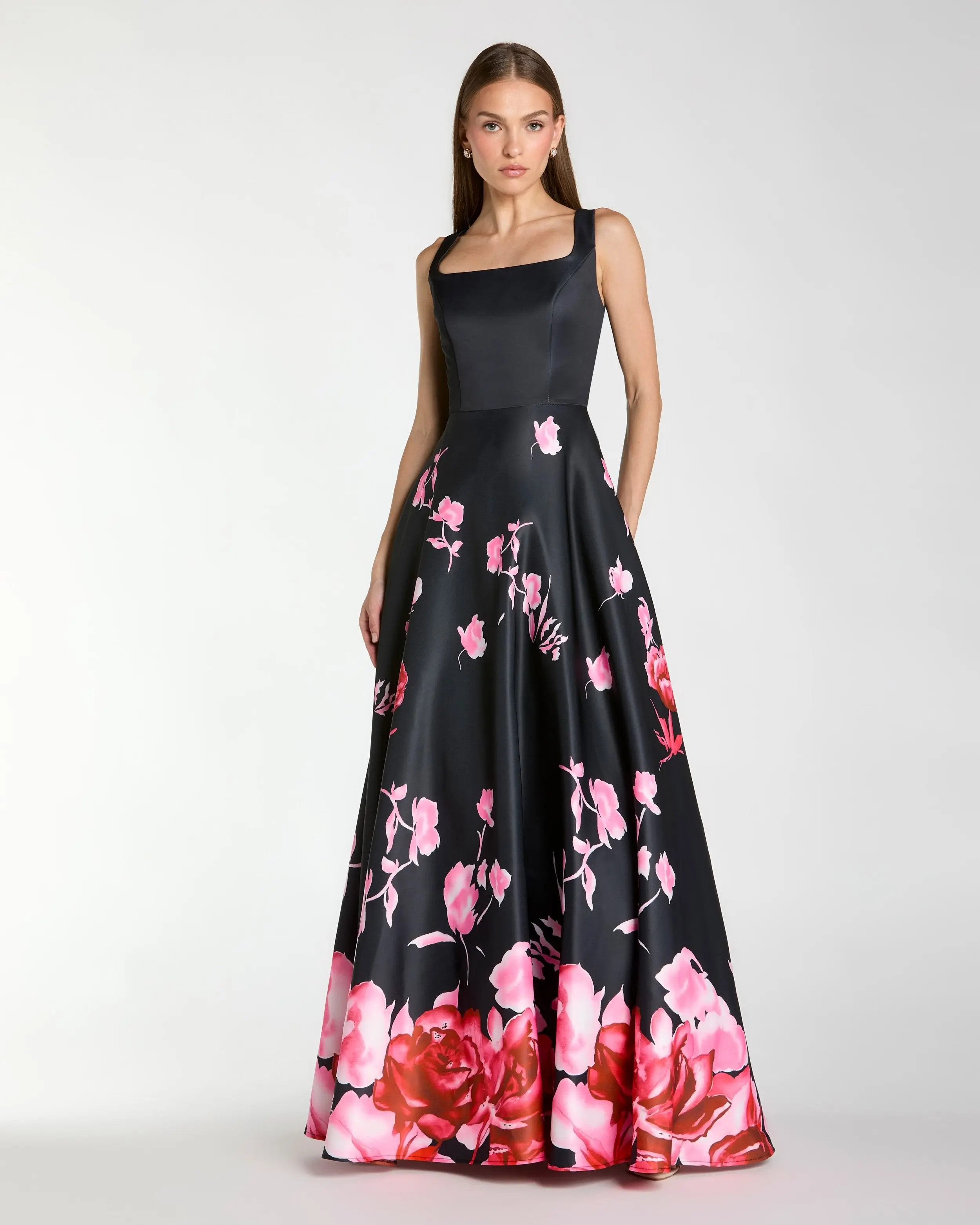Black Square Neck Floral Print Ball Gown | Mac Duggal | Mac Duggal