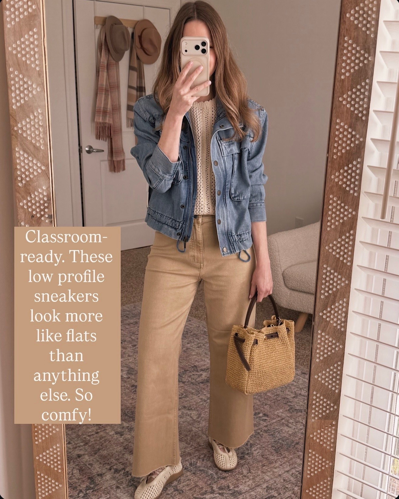I'm obsessed with shoes that feel like slippers but look intentional enough for work.

classroom teacher outfit spring sneakers comfortable flats neutral work shoes denim jacket casual professional beige pants woven bag everyday style

#LTKWorkwear #LTKOver40 #LTKmomlife