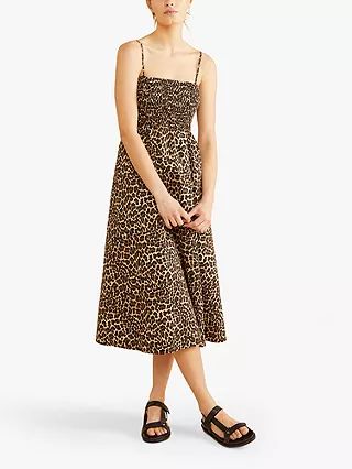 Albaray Leopard Shirred Organic Cotton Dress, Beige | John Lewis (UK)