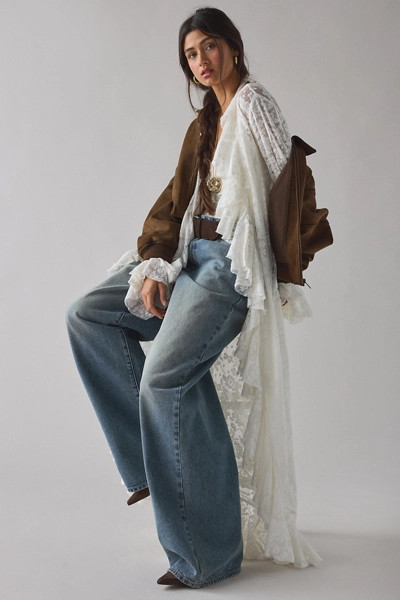 UO Selena Sheer Lace Cascading Ruffle Fluted Sleeve Maxi Top | Urban Outfitters (US and RoW)