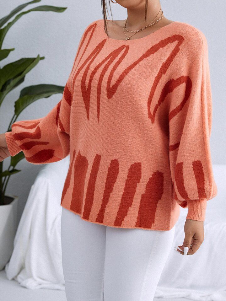 SHEIN Privé Plus Graphic Pattern Batwing Sleeve Sweater | SHEIN