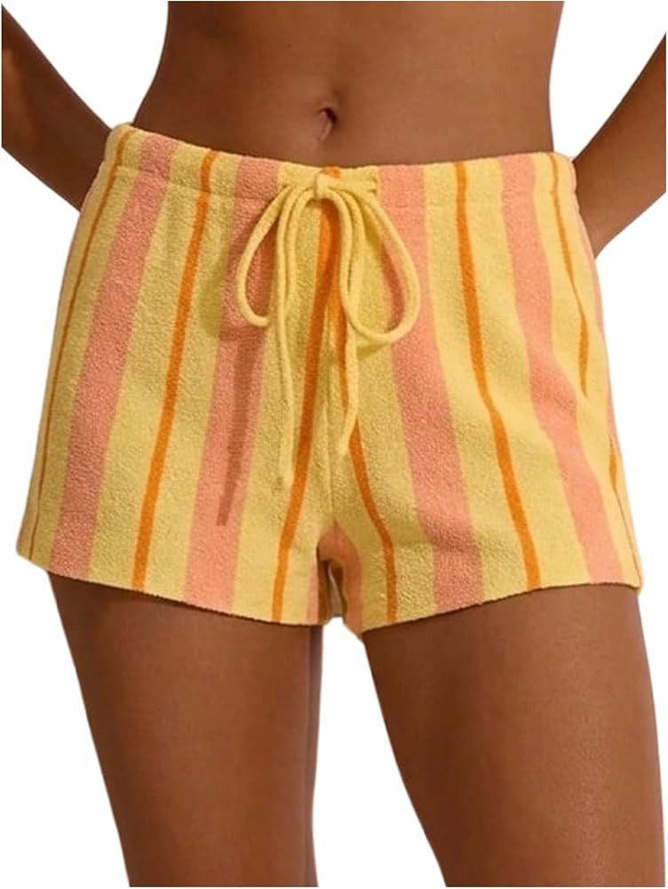 RoseSeek Women's Striped Towelling Mini Shorts Mid Rise Drawstring Waisted Baggy Shorts Summer Be... | Amazon (US)