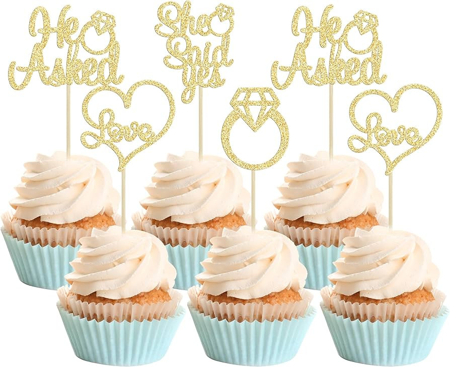 Gyufise He Asked She Said Yes Cupcake Toppers Gold Glitter Diamond Ring Heart Love Cake Picks for... | Amazon (US)